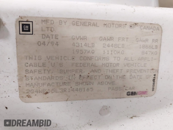 1994 Buick Regal with VIN 2G4WF15L3R1448165, listed as a IAAI auction lot 41771520 with 169,347 mi miles and . Bid and sale history available at DreamBid. Image 9.