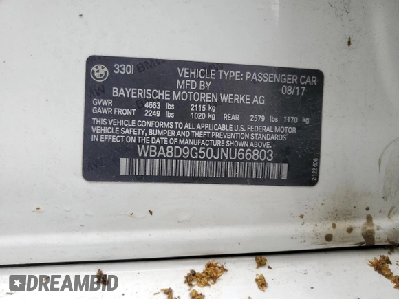 2018 BMW 3 Series 330i xDrive with VIN WBA8D9G50JNU66803, listed as a Copart auction lot 57295225 with 38,967 mi miles and Salvage title. Bid and sale history available at DreamBid. Image 12.
