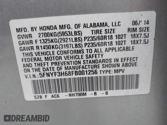 2015 Honda Pilot EX-L with VIN 5FNYF3H68FB001256, listed as a IAAI auction lot 42028966 with 277,927 mi miles and . Bid and sale history available at carsss.com. Image 9.