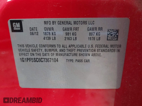 2012 Chevrolet Cruze 1LT with VIN 1G1PF5SC6C7367104, listed as a IAAI auction lot 41430407 with 125,296 mi miles and . Bid and sale history available at DreamBid. Image 9.