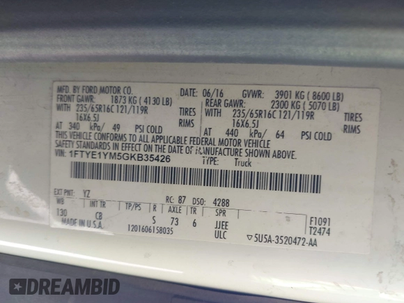 2016 Ford Transit Cargo with VIN 1FTYE1YM5GKB35426, listed as a IAAI auction lot 42402672 with 211,505 mi miles and . Bid and sale history available at DreamBid. Image 9.