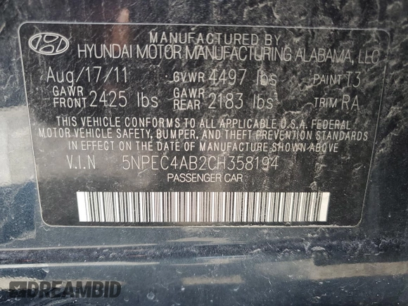 2012 Hyundai Sonata Limited with VIN 5NPEC4AB2CH358194, listed as a Copart auction lot 55728974 with 149,269 mi miles and Salvage Title. Bid and sale history available at DreamBid. Image 12.