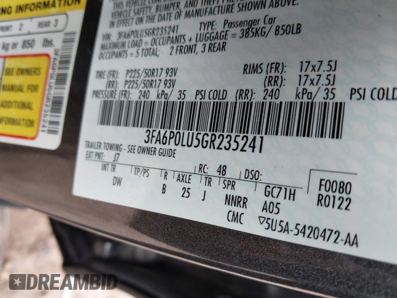2016 Ford Fusion SE Hybrid with VIN 3FA6P0LU5GR235241, listed as a IAAI auction lot 41697504 with 165,510 mi miles. Bid and sale history available at carsss.com. Image 9.