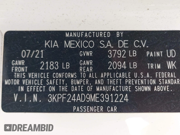 2021 Kia Forte LXS with VIN 3KPF24AD9ME391224, listed as a IAAI auction lot 42649114 with Not provided miles and . Bid and sale history available at DreamBid. Image 9.