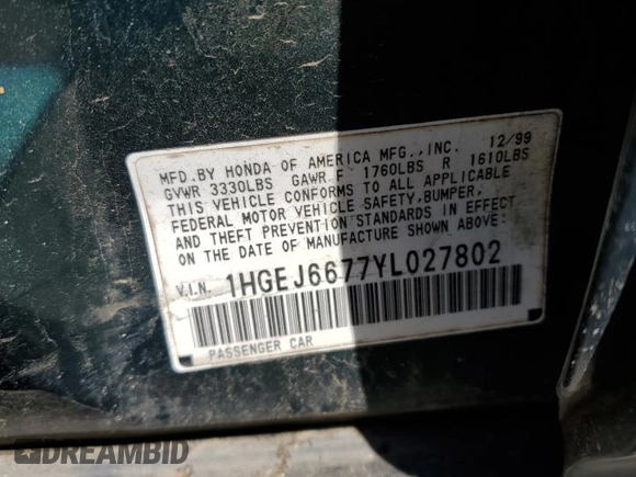 2000 Honda Civic LX with VIN 1HGEJ6677YL027802, listed as a Copart auction lot 52995445 with 221,233 mi miles and Salvage Title. Bid and sale history available at carsss.com. Image 12.