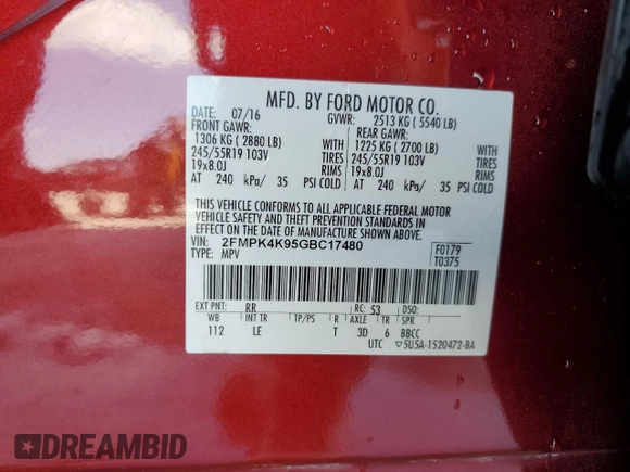 2016 Ford Edge Titanium with VIN 2FMPK4K95GBC17480, listed as a Copart auction lot 53301865 with 101,578 mi miles and Clean Title. Bid and sale history available at carsss.com. Image 13.