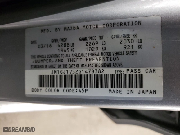 2016 Mazda Mazda6 i Touring with VIN JM1GJ1V52G1478382, listed as a Copart auction lot 53036305 with 76,482 mi miles and Salvage Title. Bid and sale history available at carsss.com. Image 14.