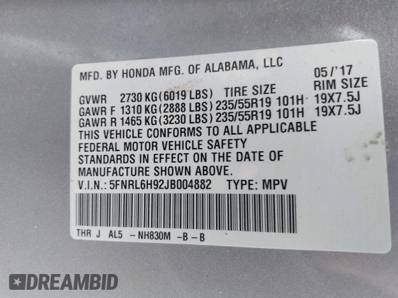 2018 Honda Odyssey Elite with VIN 5FNRL6H92JB004882, listed as a IAAI auction lot 41901028 with 160,889 mi miles and . Bid and sale history available at DreamBid. Image 9.