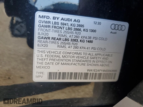 2021 Audi Q5 Premium Plus with VIN WA1E2AFY4M2043666, listed as a Copart auction lot 62084685 with 49,000 mi miles and Salvage title. Bid and sale history available at DreamBid. Image 13.