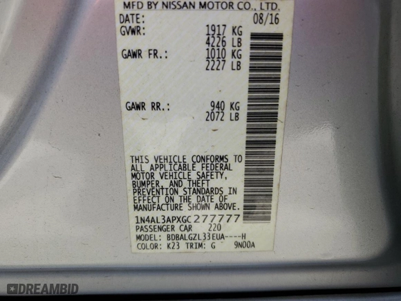 2016 Nissan Altima 2.5 SV with VIN 1N4AL3APXGC277777, listed as a Copart auction lot 51907945 with 99,512 mi miles and Salvage Title. Bid and sale history available at carsss.com. Image 13.
