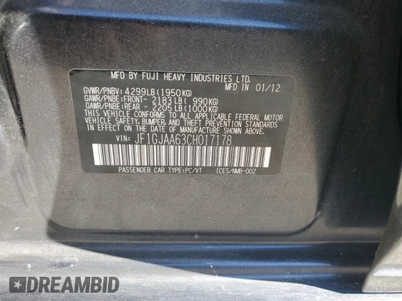 2012 Subaru Impreza 2.0i с VIN JF1GJAA63CH017178, выставлен на аукционе Copart как лот 50366875 с пробегом Не указан миль и Списание • Salvage title. История ставок и продаж доступна на DreamBid. Изображение 12.