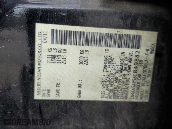 2011 Nissan Maxima SV with VIN 1N4AA5AP5BC849882, listed as a Copart auction lot 54858995 with 157,603 mi miles and Salvage title. Bid and sale history available at DreamBid. Image 12.