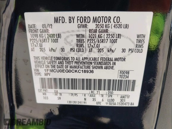 2012 Ford Escape Limited z VIN 1FMCU0EG0CKC18936, wystawiony jako IAAI lot #42303201 z przebiegiem 132 416 mil mil oraz . Historia ofert i sprzedaży dostępna na DreamBid. Obrazek 9.