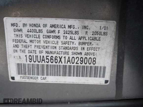 2001 Acura TL with VIN 19UUA566X1A029008, listed as a IAAI auction lot 41906978 with 999,999 mi miles. Bid and sale history available at carsss.com. Image 9.