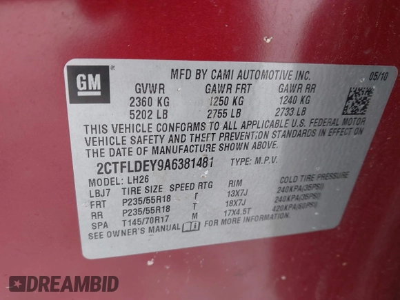 2010 GMC Terrain SLE-2 with VIN 2CTFLDEY9A6381481, listed as a IAAI auction lot 41601881 with 86,228 mi miles. Bid and sale history available at carsss.com. Image 9.