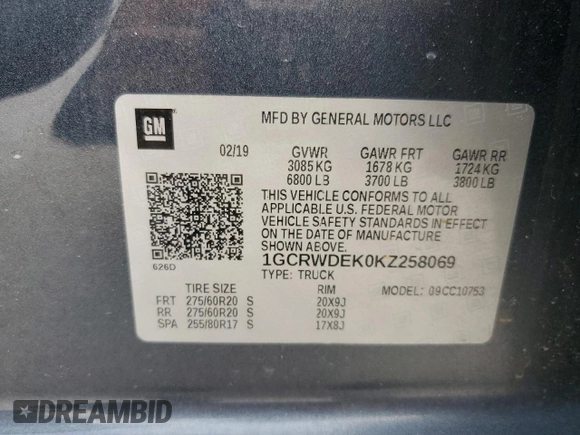 2019 Chevrolet Silverado 1500 RST with VIN 1GCRWDEK0KZ258069, listed as a Copart auction lot 80320134 with 82,190 mi miles and Salvage Title. Bid and sale history available at carsss.com. Image 12.