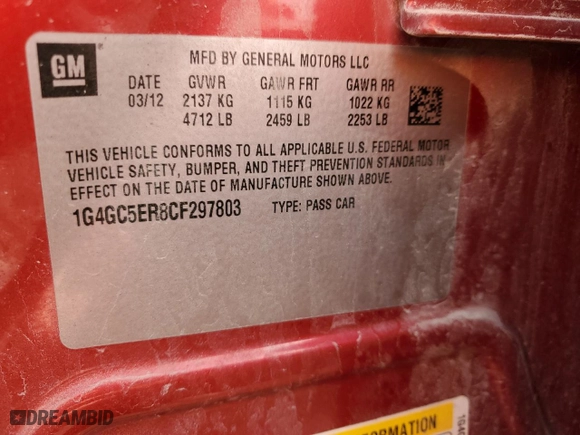 2012 Buick LaCrosse Leather with VIN 1G4GC5ER8CF297803, listed as a Copart auction lot 51279375 with 150,688 mi miles and Salvage Title. Bid and sale history available at carsss.com. Image 12.