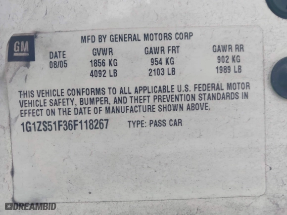 2006 Chevrolet Malibu LS w/1LS with VIN 1G1ZS51F36F118267, listed as a IAAI auction lot 41575599 with 193,496 mi miles. Bid and sale history available at carsss.com. Image 9.