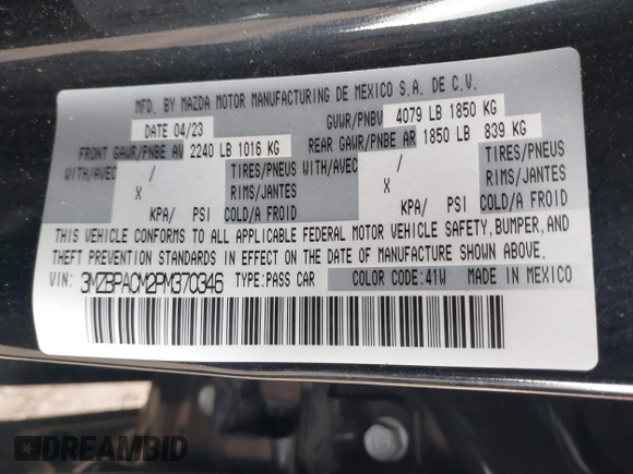 2023 Mazda 3 S Preferred with VIN 3MZBPACM2PM370346, listed as a IAAI auction lot 41835205 with 21,368 mi miles and . Bid and sale history available at DreamBid. Image 9.