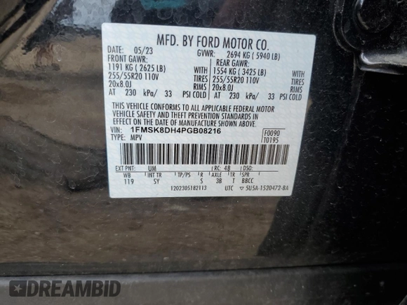 2023 Ford Explorer XLT с VIN 1FMSK8DH4PGB08216, выставлен на аукционе Copart как лот 59790055 с пробегом 7 226 миль миль и Чистый • Clean title. История ставок и продаж доступна на DreamBid. Изображение 13.