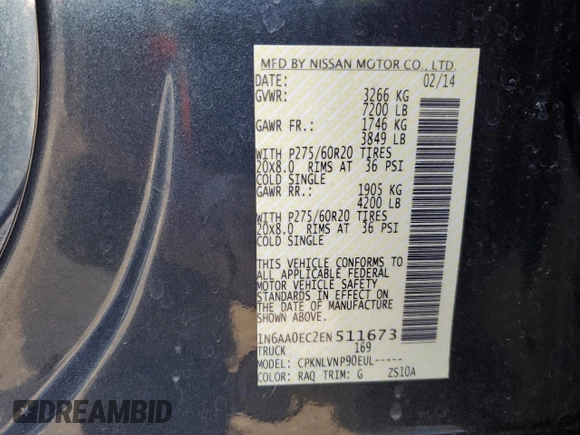 2014 Nissan Titan S with VIN 1N6AA0EC2EN511673, listed as a Copart auction lot 41703295 with 81,662 mi miles and Salvage Title. Bid and sale history available at DreamBid. Image 14.