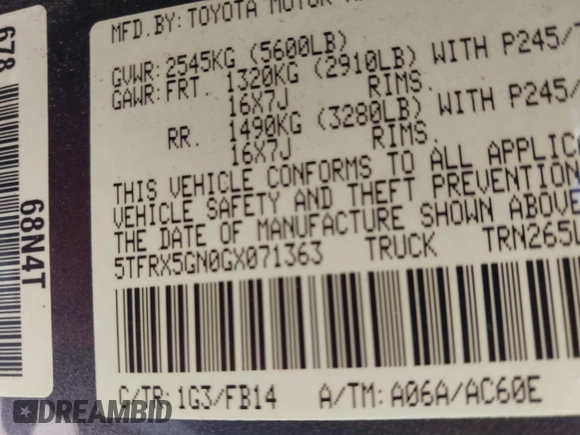 2016 Toyota Tacoma SR with VIN 5TFRX5GN0GX071363, listed as a IAAI auction lot 41258157 with 150,930 mi miles and . Bid and sale history available at DreamBid. Image 9.