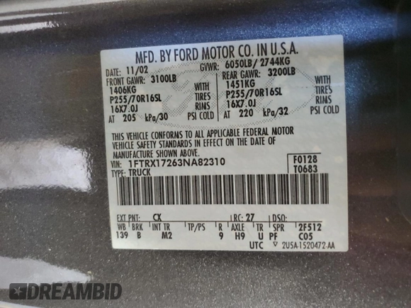 2003 Ford F-150 XL with VIN 1FTRX17263NA82310, listed as a Copart auction lot 76577354 with Not provided miles and Salvage title. Bid and sale history available at DreamBid. Image 12.