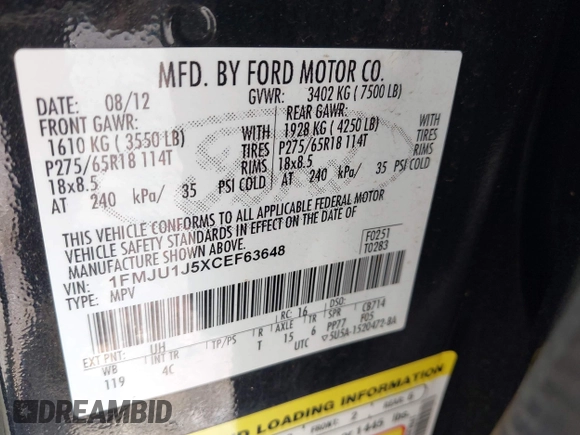 2012 Ford Expedition XLT с VIN 1FMJU1J5XCEF63648, выставлен на аукционе IAAI как лот 42145577 с пробегом 165 196 миль миль и . История ставок и продаж доступна на DreamBid. Изображение 9.