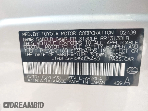 2008 Lexus LS 460 L with VIN JTHGL46FX85028460, listed as a IAAI auction lot 42501852 with 194,399 mi miles and . Bid and sale history available at DreamBid. Image 9.