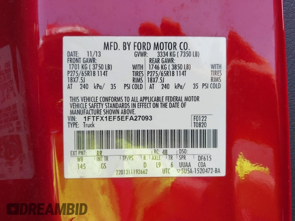 2014 Ford F-150 XL z VIN 1FTFX1EF5EFA27093, wystawiony jako IAAI lot #42586464 z przebiegiem 140 178 mil mil oraz . Historia ofert i sprzedaży dostępna na DreamBid. Obrazek 9.
