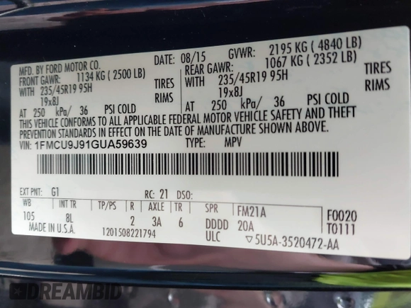 2016 Ford Escape Titanium with VIN 1FMCU9J91GUA59639, listed as a IAAI auction lot 41058369 with 138,046 mi miles. Bid and sale history available at carsss.com. Image 9.