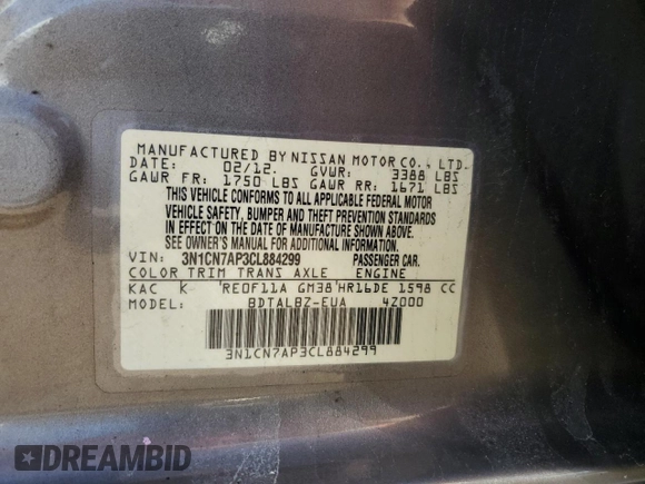 2012 Nissan Versa SL with VIN 3N1CN7AP3CL884299, listed as a Copart auction lot 49767595 with 184,242 mi miles and Salvage Title. Bid and sale history available at carsss.com. Image 12.