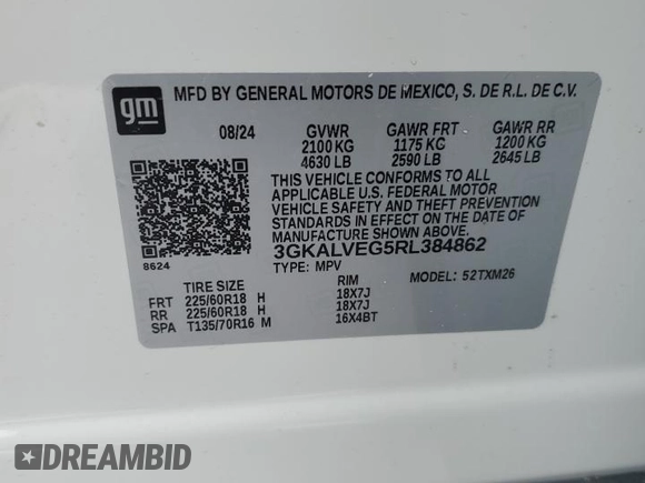 2024 GMC Terrain SLT with VIN 3GKALVEG5RL384862, listed as a Copart auction lot 45870005 with 2,812 mi miles and Non repairable. Bid and sale history available at DreamBid. Image 14.
