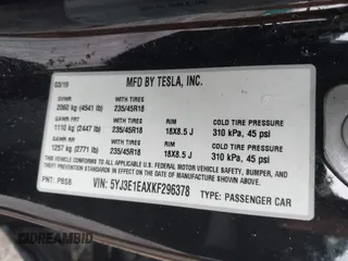 2019 Tesla Model 3 Mid Range with VIN 5YJ3E1EAXKF296378, listed as a IAAI auction lot 41739616 with 77,100 mi miles and . Bid and sale history available at DreamBid. Image 9.