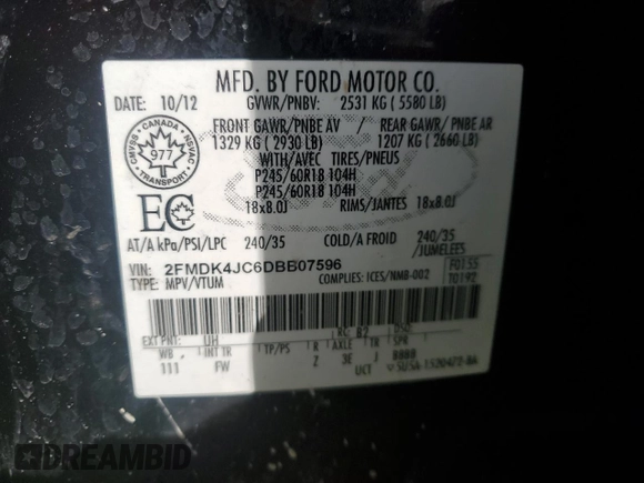 2013 Ford Edge SEL with VIN 2FMDK4JC6DBB07596, listed as a Copart auction lot 50012835 with 225,826 mi miles and Clean Title. Bid and sale history available at carsss.com. Image 13.