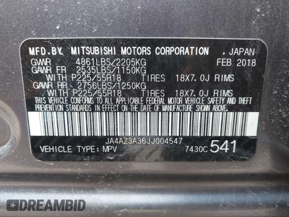2018 Mitsubishi Outlander ES z VIN JA4AZ3A36JJ004547, wystawiony jako IAAI lot #42048456 z przebiegiem 82 379 mil mil oraz . Historia ofert i sprzedaży dostępna na DreamBid. Obrazek 9.