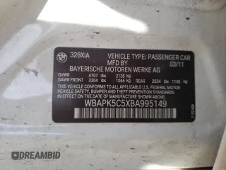 2011 BMW 3 Series 328i xDrive with VIN WBAPK5C5XBA995149, listed as a Copart auction lot 45368695 with 119,325 mi miles and Salvage Title. Bid and sale history available at carsss.com. Image 12.
