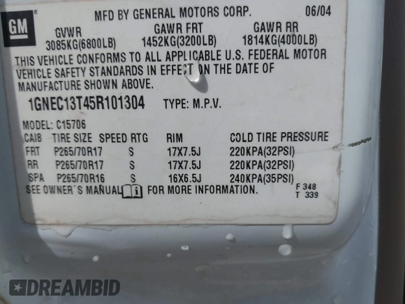 2005 Chevrolet Tahoe Z71 with VIN 1GNEC13T45R101304, listed as a IAAI auction lot 42229835 with 318,175 mi miles and . Bid and sale history available at DreamBid. Image 9.