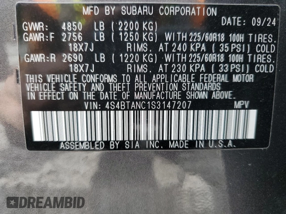 2025 Subaru Outback Limited z VIN 4S4BTANC1S3147207, wystawiony jako Copart lot #53523445 z przebiegiem 6 652 mil mil oraz Szkoda całkowita • Salvage title. Historia ofert i sprzedaży dostępna na DreamBid. Obrazek 14.