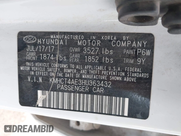 2017 Hyundai Accent Value Edition with VIN KMHCT4AE3HU363432, listed as a IAAI auction lot 41886785 with 150,021 mi miles and . Bid and sale history available at DreamBid. Image 9.