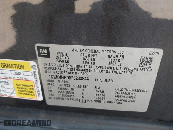 2015 GMC Acadia SLE with VIN 1GKKVNED3FJ283844, listed as a IAAI auction lot 42479717 with 185,574 mi miles and . Bid and sale history available at DreamBid. Image 9.