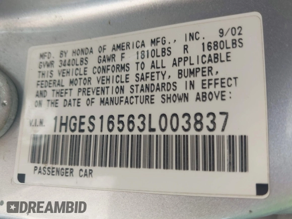 2003 Honda Civic LX with VIN 1HGES16563L003837, listed as a IAAI auction lot 41887191 with Not Provided miles and . Bid and sale history available at DreamBid. Image 9.