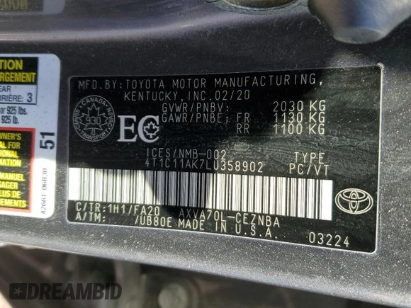 2020 Toyota Camry LE with VIN 4T1C11AK7LU358902, listed as a Copart auction lot 49436245 with 251,063 mi miles and Salvage Title. Bid and sale history available at carsss.com. Image 12.