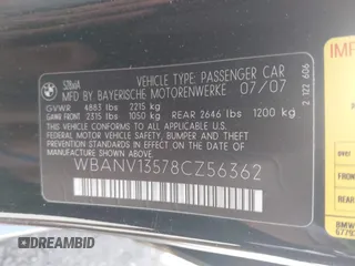 2008 BMW 5 Series 528xi with VIN WBANV13578CZ56362, listed as a IAAI auction lot 42212019 with 166,207 mi miles and . Bid and sale history available at carsss.com. Image 9.