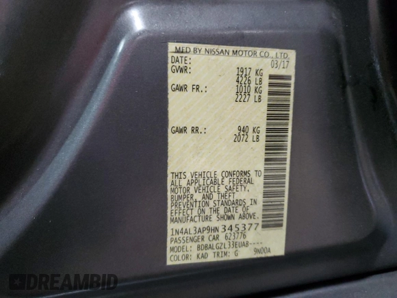 2017 Nissan Altima SR z VIN 1N4AL3AP9HN345377, wystawiony jako Copart lot #86515974 z przebiegiem 128 940 mil mil oraz Szkoda całkowita • Salvage title. Historia ofert i sprzedaży dostępna na DreamBid. Obrazek 12.