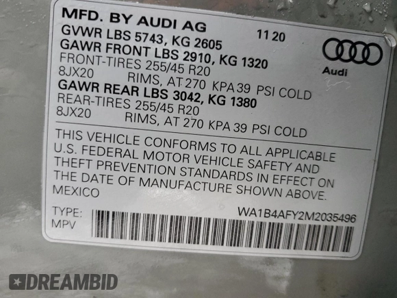 2021 Audi SQ5 Premium Plus with VIN WA1B4AFY2M2035496, listed as a Copart auction lot 79414574 with 58,326 mi miles and Salvage Title. Bid and sale history available at carsss.com. Image 13.