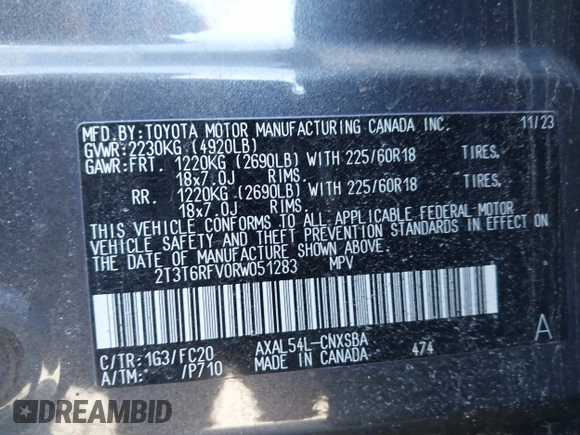 2024 Toyota RAV4 Hybrid SE with VIN 2T3T6RFV0RW051283, listed as a IAAI auction lot 41698931 with 6,465 mi miles and . Bid and sale history available at DreamBid. Image 9.