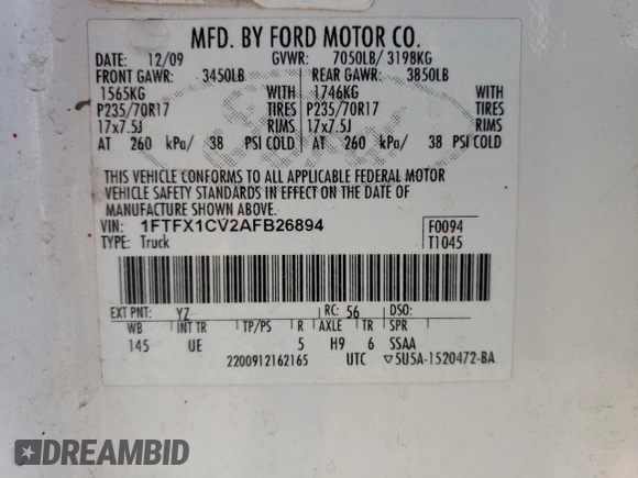 2010 Ford F-150 XL with VIN 1FTFX1CV2AFB26894, listed as a Copart auction lot 45050105 with 211,770 mi miles and Salvage Title. Bid and sale history available at carsss.com. Image 13.