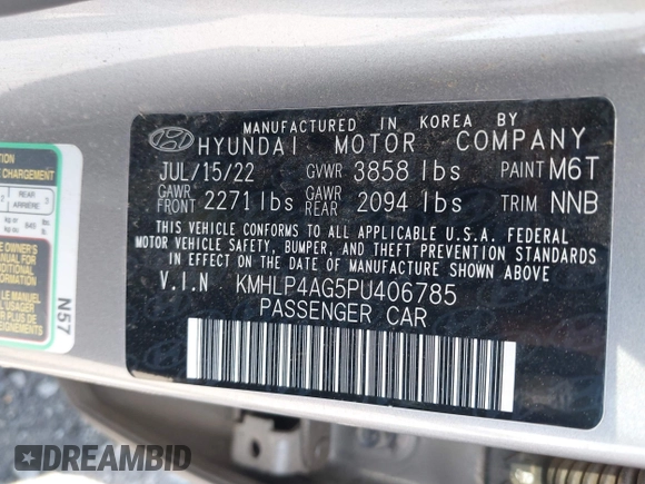 2023 Hyundai Elantra Limited with VIN KMHLP4AG5PU406785, listed as a IAAI auction lot 41979518 with 25,205 mi miles and . Bid and sale history available at DreamBid. Image 9.
