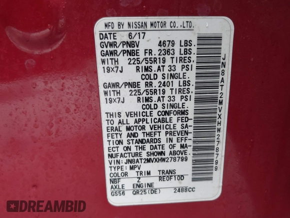 2017 Nissan Rogue S with VIN JN8AT2MVXHW278799, listed as a IAAI auction lot 41838458 with 84,742 mi miles and . Bid and sale history available at DreamBid. Image 9.